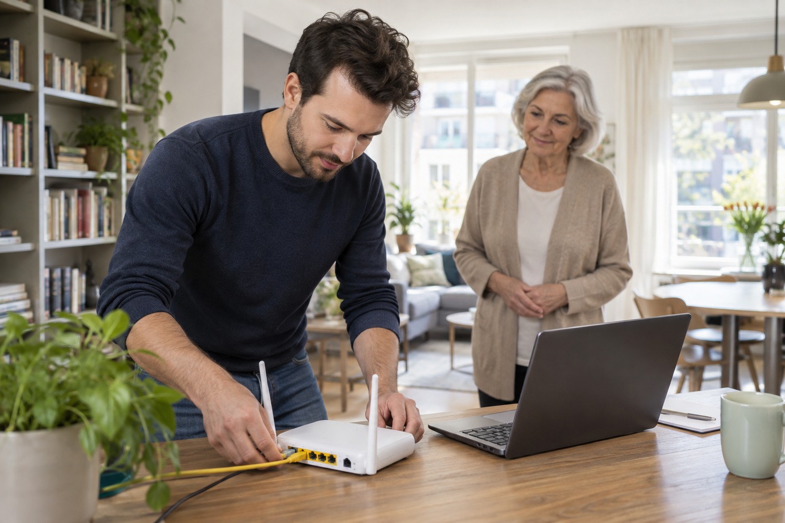 IT-hulpverlener stelt een wifi-router in bij een klant thuis
